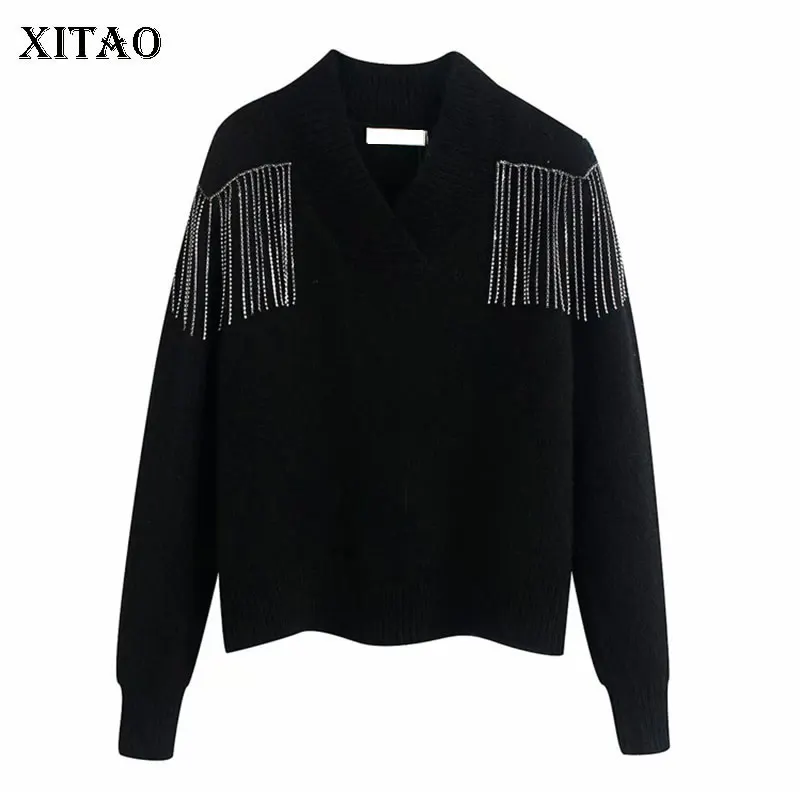 

XITAO Tassel Women Sweater Fashion New Women Full Sleeve Beading Small Fresh 2020 Spring Black Small Fresh Sweater DMY2839