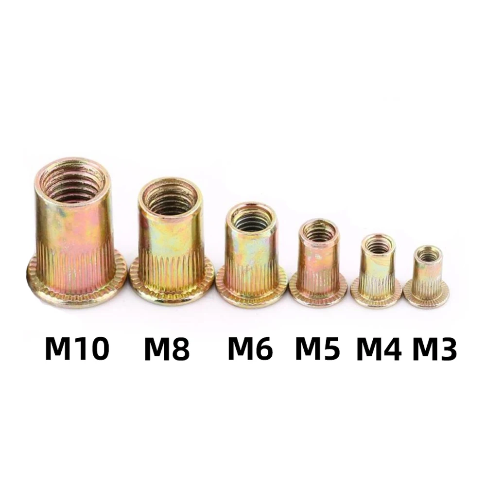 20/50pcs M3 M4 M5 M6 M8 M10 M12 nýt maticemi plochý hlava závitové vložit nutsert čepice pro nýtovačka ořech pistole zinek pokovené uhlík ocel