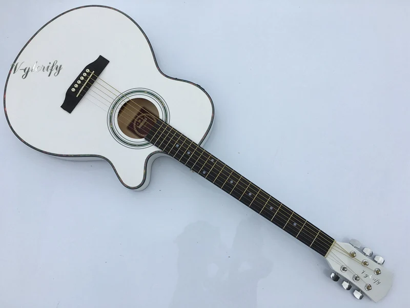 

white thin body electric-acoustic guitar with free case free string