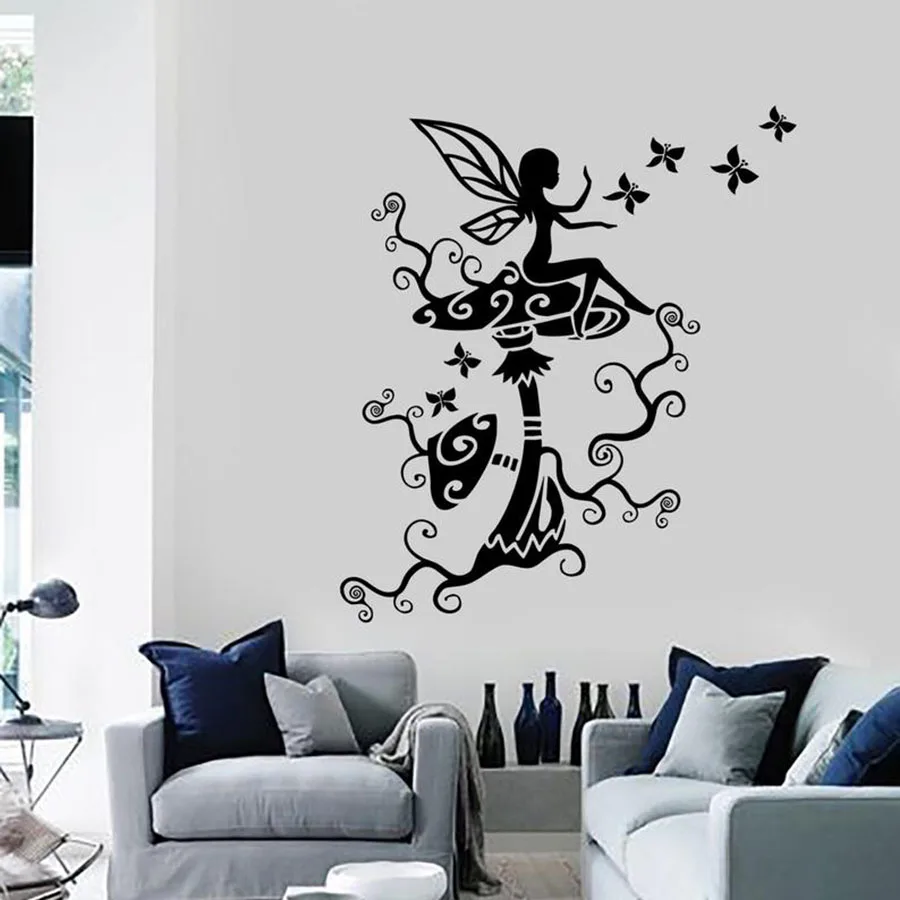 Elf Girl Wall Vinyl Decal Fairy Fairytale Mushrooms Tree Butterfly Kids Room Nursery Bedroom Dream Home Decoration Sticker S585 | Дом и сад