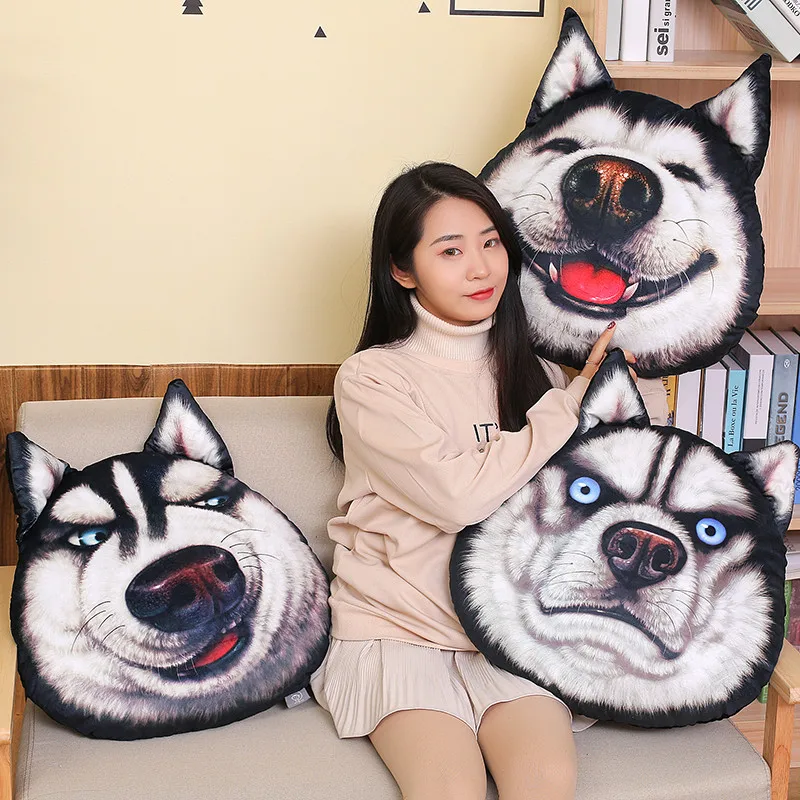 

New Creative 3D Model Husky Pillow Plush Toys Two Ha DOG'S Head Cushion Office Back Cushion