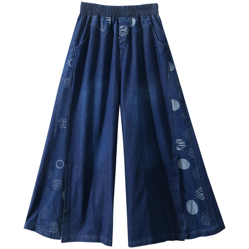 TIYIHAILEY Free Shipping Wide Leg Long Pants For Women Print Trousers Denim Jeans Elastic Waist Casual Pants With Pockets