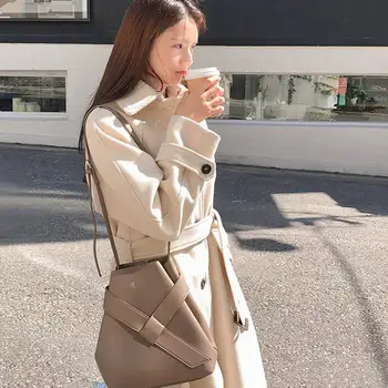 

Elegant Long Women's coat lapel 2 pockets belted Jackets solid color coats Female Outerwear