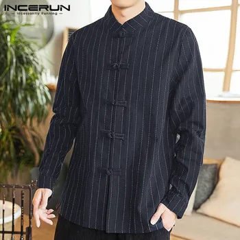 

INCERUN Men Fashion Striped Casual Joker Buckle Collar Shirt Chinese Kung Fu Retro Baggy Comfort Cotton Mens Blouse Streetwear