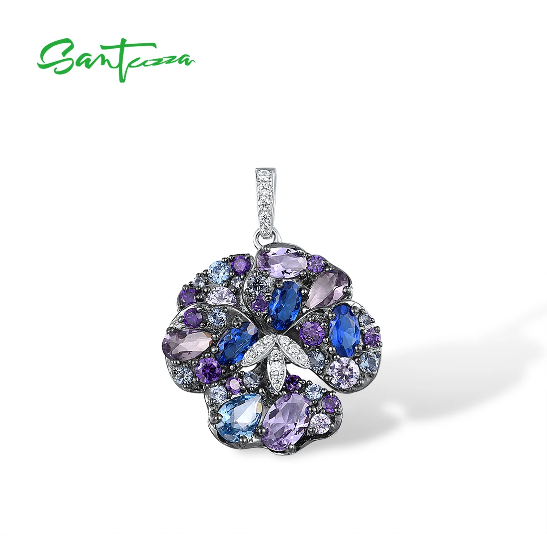

SANTUZZA Authentic 925 Sterling Silver Pendant For Women Sparkling Multi Gems Blue Orchid Flower Fashion Wedding Fine Jewelry