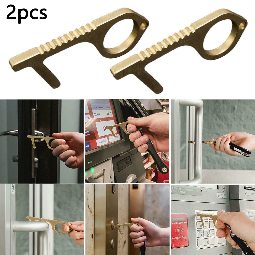 

2PCS Portable Zero-touch Door Handle Brass Door Opener Elevator Outdoor Antimicrobial Brass Hand Tool Door Opening Handle Key