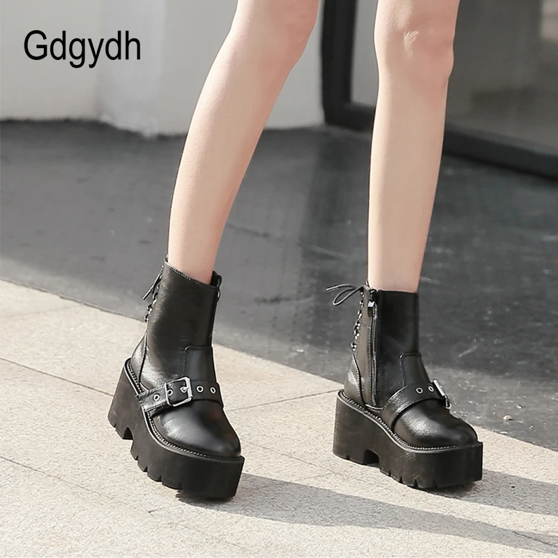 Gdgydh/обувь на платформе с перекрестной шнуровкой; ботильоны для девочек; женские черные кожаные ботинки на высоком каблуке с ремешком и пряжкой; Модные женские ботинки с заклепками