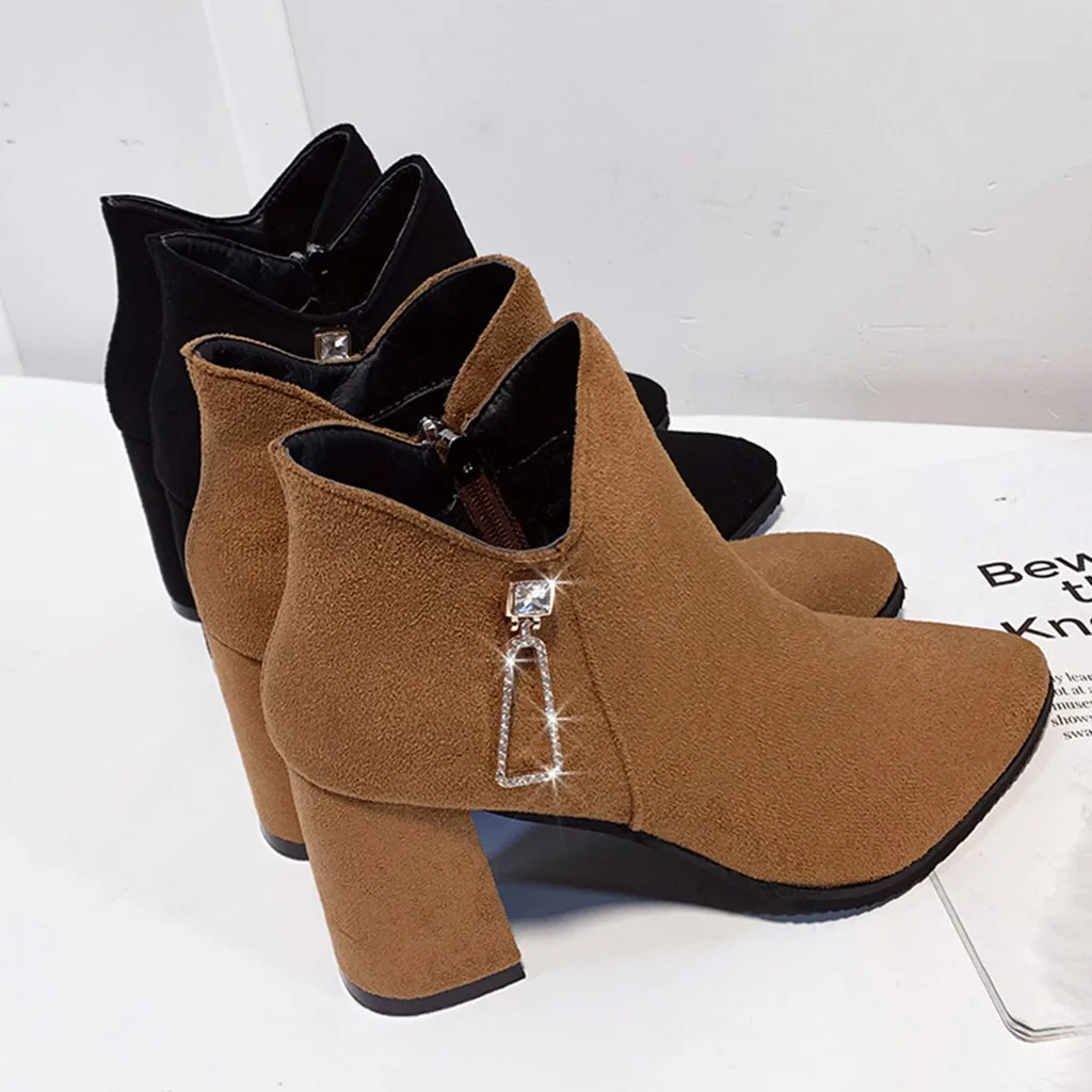 Зимние ботинки из флока с острым носком; женские универсальные Теплые ботильоны; пикантные однотонные зимние ботинки на высоком каблуке; Повседневная Уличная обувь для женщин