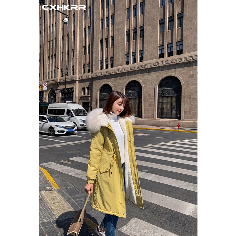 CXHKRR Fashion Long Parka Coat Jacket Oversized Cotton Jacket Women Winter Faux Fur Collar Hooded Jacket Cotton Women