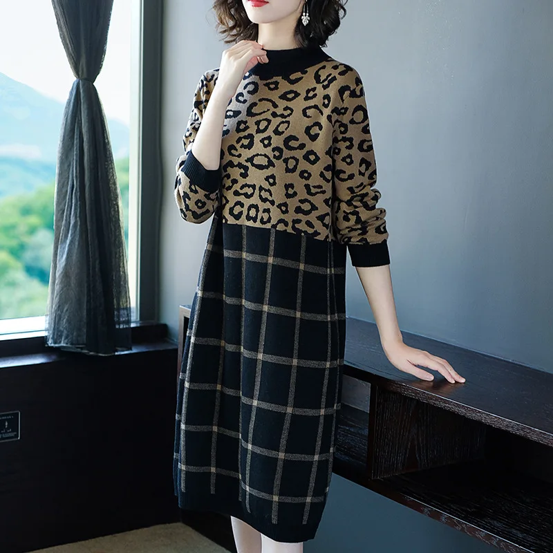 

2019 Ozhouzhan And Winter Skirt New Style WOMEN'S Dress-Style Leopord Pattern Jersey Dress Mid-length over-the-Knee Sweater Skir