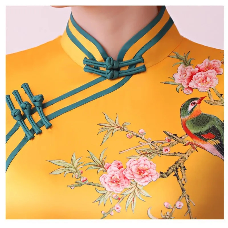 Sheng Coco желтый Восточный стиль платья Длинные Cheongsam банкет вечернее платье свадебное Qipao Китайский леди цветочный принт Qi