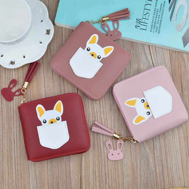 Кошелек для девушек, короткий, с рисунком милого щенка, кошелек для монет, женский, студенческий, на молнии, Квадратный, мини кошелек, Женский кошелек, тянущийся кошелек