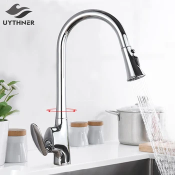 

Kitchen Faucets Silver Single Handle Pull Out Kitchen Tap Single Hole Handle Swivel 360 Degree Water Mixer Tap Water Faucet