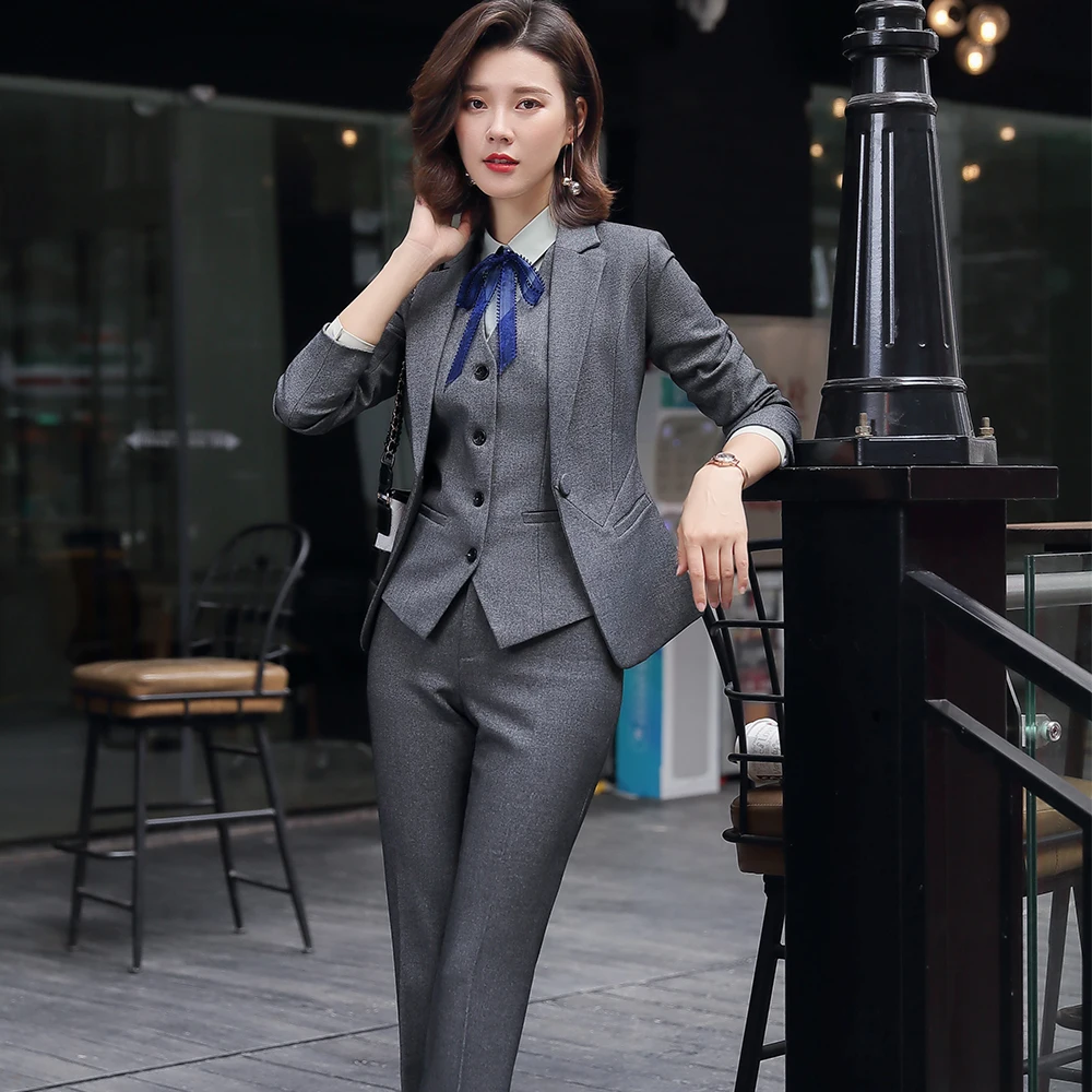 Office Lady 3 Piece Set Women Formal Work Wear Pant Suit Uniform Designs Single Button Black Gray Blazer Jacket Vest and Pant