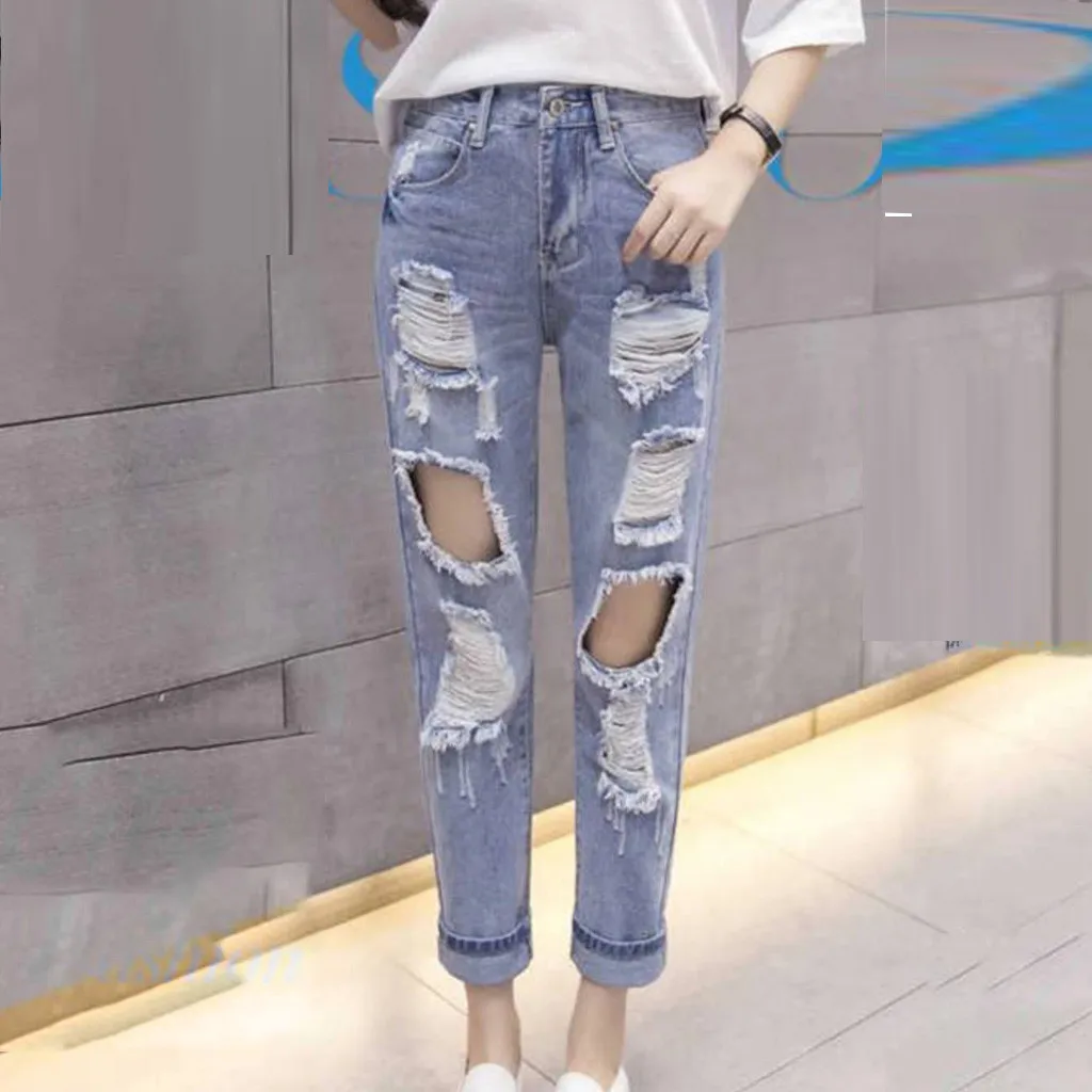 Jeans Femme 2022 Nouveau Ripped Women's Jeans Korean Style Women Hole Button Ladies Denim High Loose Casual Pencil Solid Pants