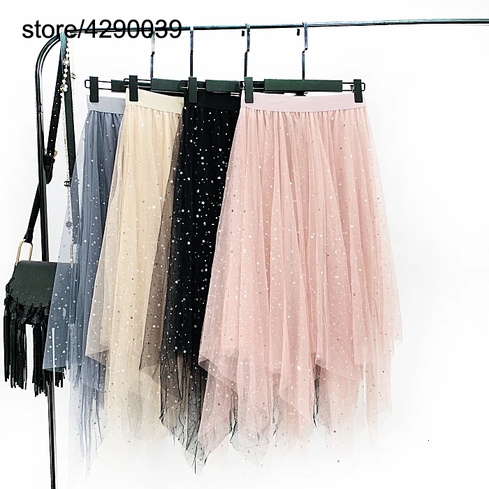 Женская нестандартная юбка в Корейском стиле с блестящей звездой и блестками, длинная сетчатая юбка с высокой талией, горячая Распродажа юбок