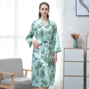 

Silky Satin Print Nightgown Women Kimono Bathrobe Gown Nightwear Casual Sleepwear Intimate Lingerie 2020 New Nightdress Homewear