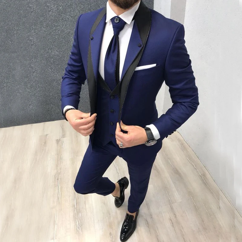 

JELTONEWIN 2021 Costume Homme Shawl Lapel Navy Blue Dinner Party Suits Groom Wear Men Wedding Suits For Men Prom Tuxedo Blazer