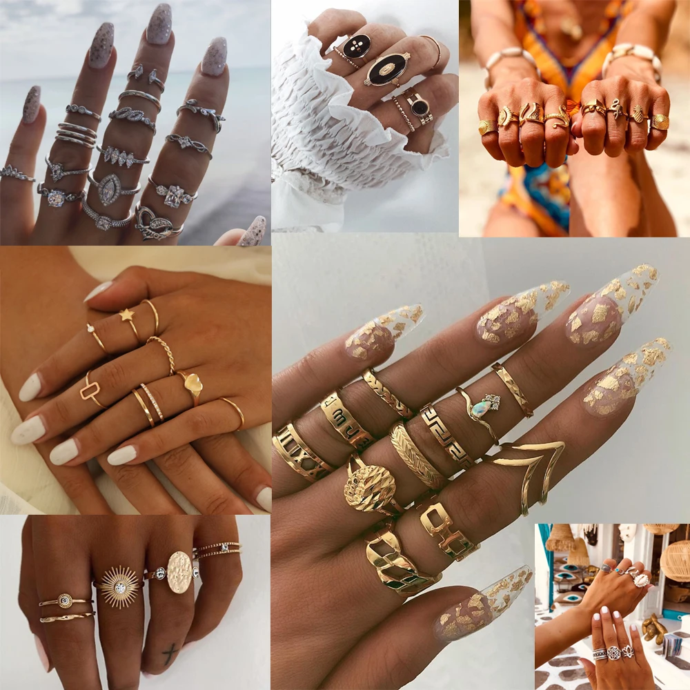 Design Boho Vintage Gold Star Midi Moon Rings Set For Women Opal Crystal Finger Ring 2020 Female Bohemian Jewelry Gifts | Украшения и