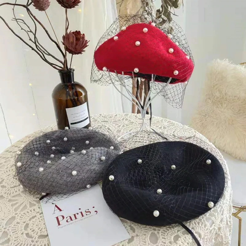Chic Wool Blend Vintage London Beret With Veil Mesh Show Double Layer Women Beret Beanies Cap For Ladys Banquet
