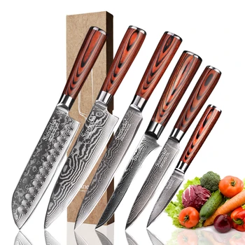 

SUNNECKO 6PCS Kitchen Knives Set Santoku Utility Paring Chef Knife 73 Layers Damascus Steel Slicer Cutter Tool Pakka Wood Handle