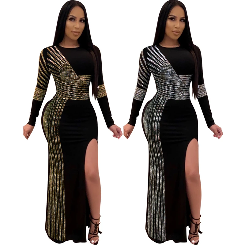 

Spring Sexy Women Club Sequin Full Dress Long Sleeve Wrap Hip High Waist Split Lady Dresses Party Night Female Jupe Clothing