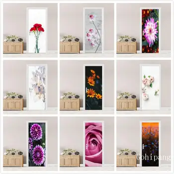 

3D Flower Abstract Door Sticker and Waterproof Door Poster Lover In The Colored Woods Oil Painting Wallpaper Mural Decal Sticker