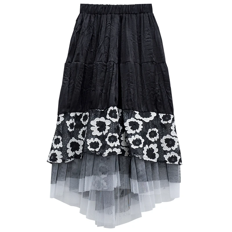 

XUXI Elastic High Waist Sexy Half Body Skirt Hit Color Hook Flower Skirt Fashion Splicing Irregular Skirts 2020 Women FZ1878