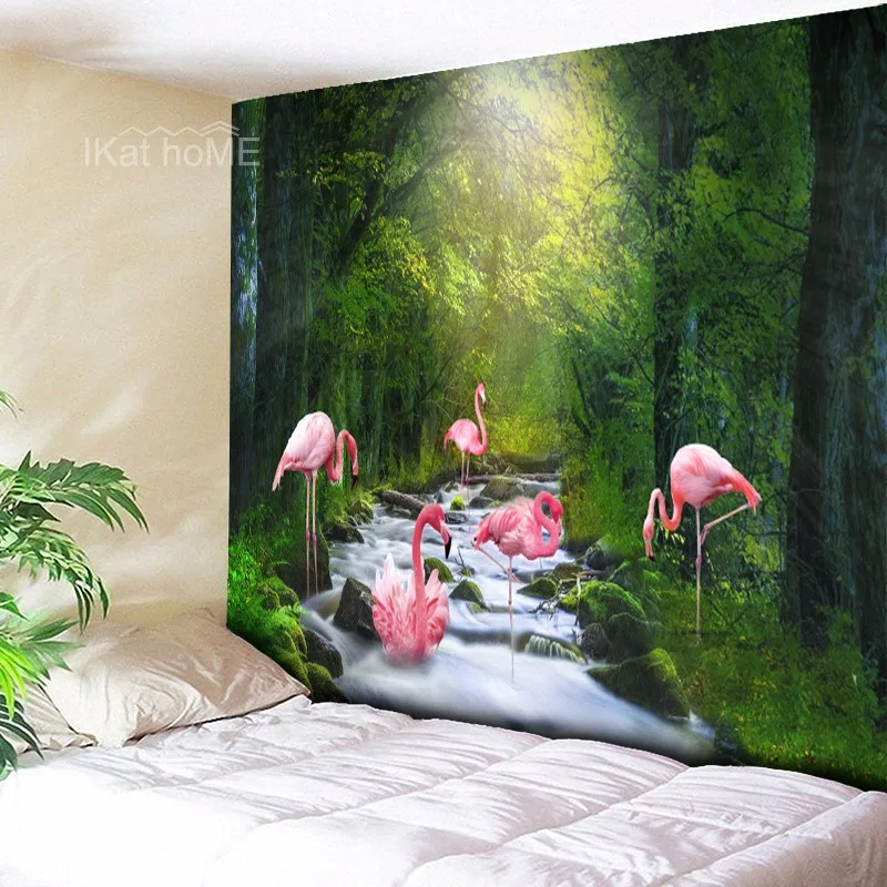 Фламинго гобелен природа лес поток настенный Мандала настенные гобелены