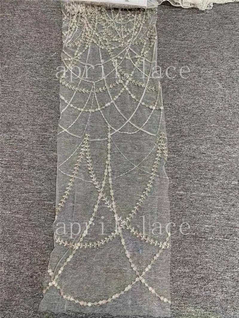 

5 yards AS05 # April bridal LACE Collection 2021 gold beads sequin mix offwhite tulle lace For sewing woman wedding dress