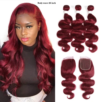 

Body Wave Bundles With Closure KEMY 99J/Burgundy Brazilian Hair Weave Bundles Non-Remy 3PCS Red Bundles With Closure