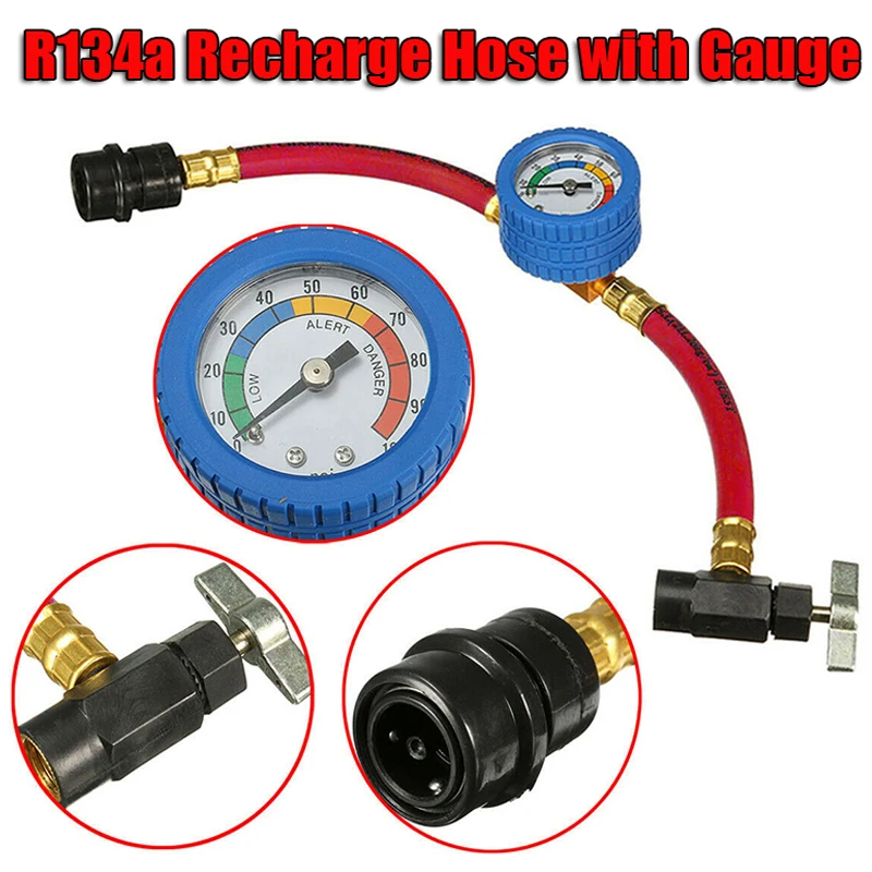 

Pressure Gauge Recharge Hose Refrigerant Accessory Tool Kit R-134a Car AC Plastic + Metal Red Thread