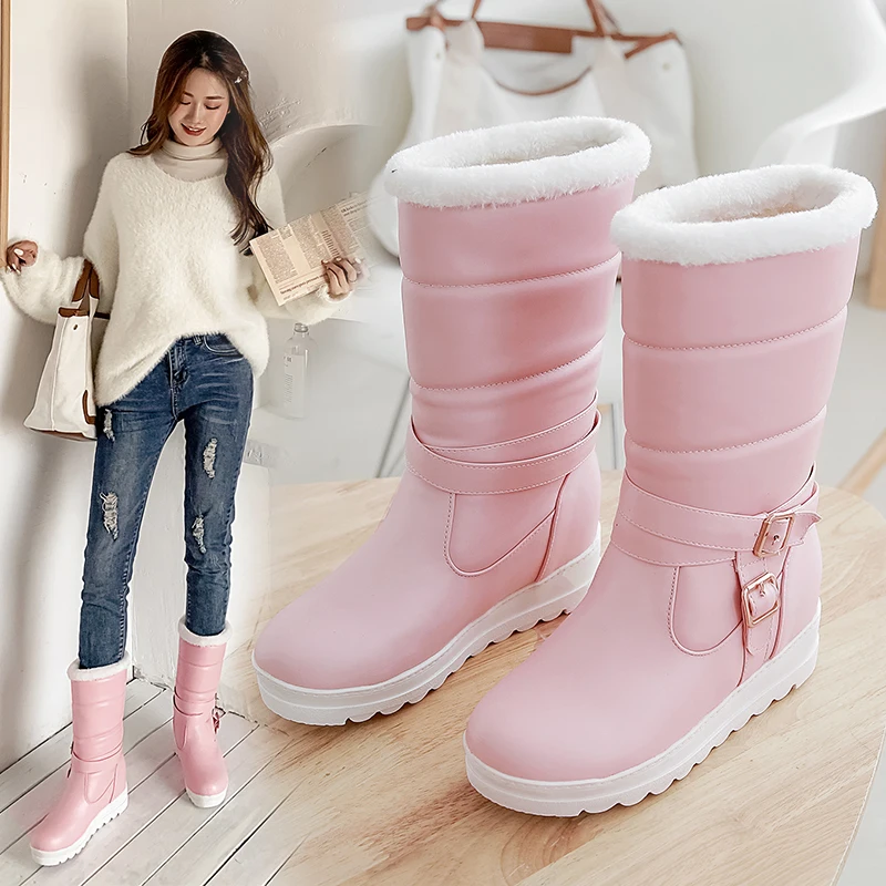 

Winter Keep Warm Women Round Toe Slip-on Mid-calf Boots Solid PU Leather Snow Boots 2020 Sweet Party Casual Shoes Woman