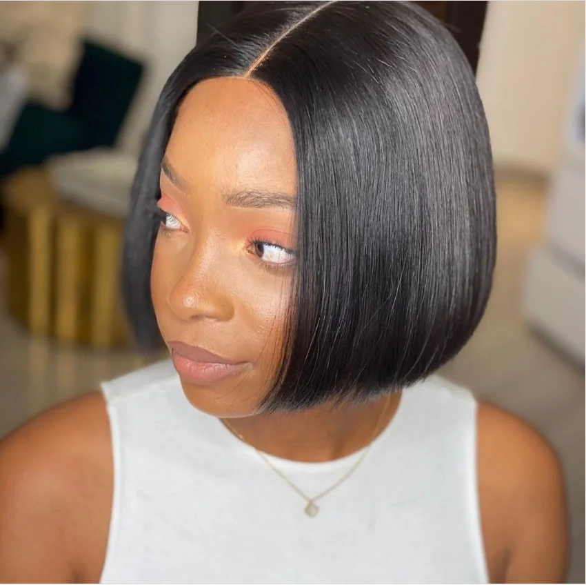 Peruvian 13*1 lace frontal wig straight short bob human hair wig for black women 150% density Middle part 8 10 12 14inch remy