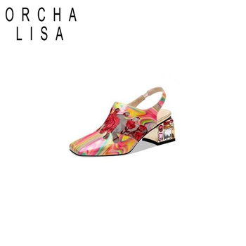

ORCHA LISA New Sandals real cow leather rainbow color slippper female party wedding shoes diamonds thick heel mules Slides