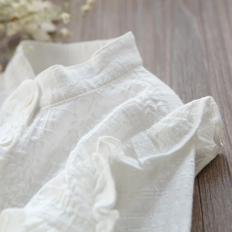 New girls' pure cotton long-sleeved shirt white chest embroidered shirt girls blouse kids blouse white