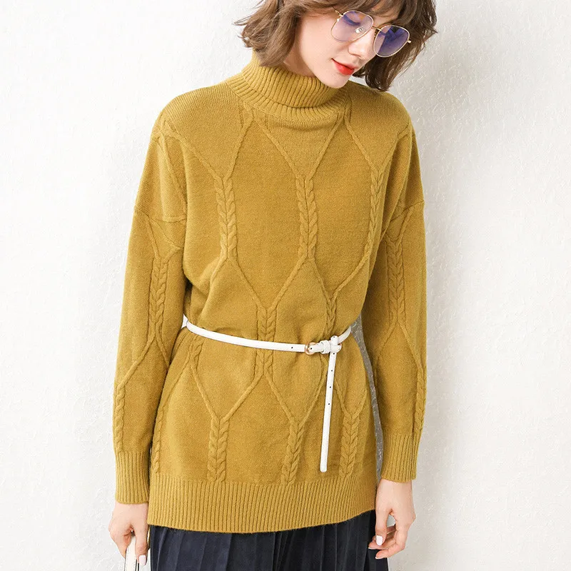 Autumn yellow LHZSYY Осень Зима женский вязаный свитер с высоким воротником витой Большой размер пуловер сплошной цвет джемпер теплый - Цвет: Autumn yellow