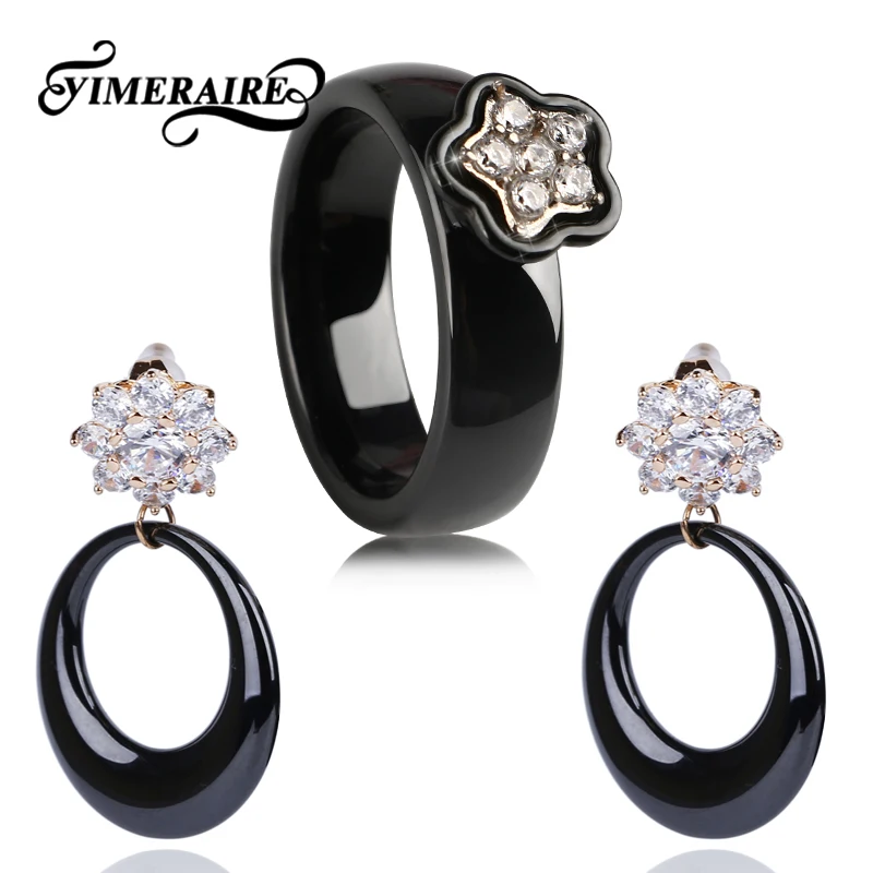 

TUHE 8MM Wide Multi-section Black Ceramic Ring With Bling Crystal Healthy Material Prevent Allergy Women Fashion Wedding Jewelry