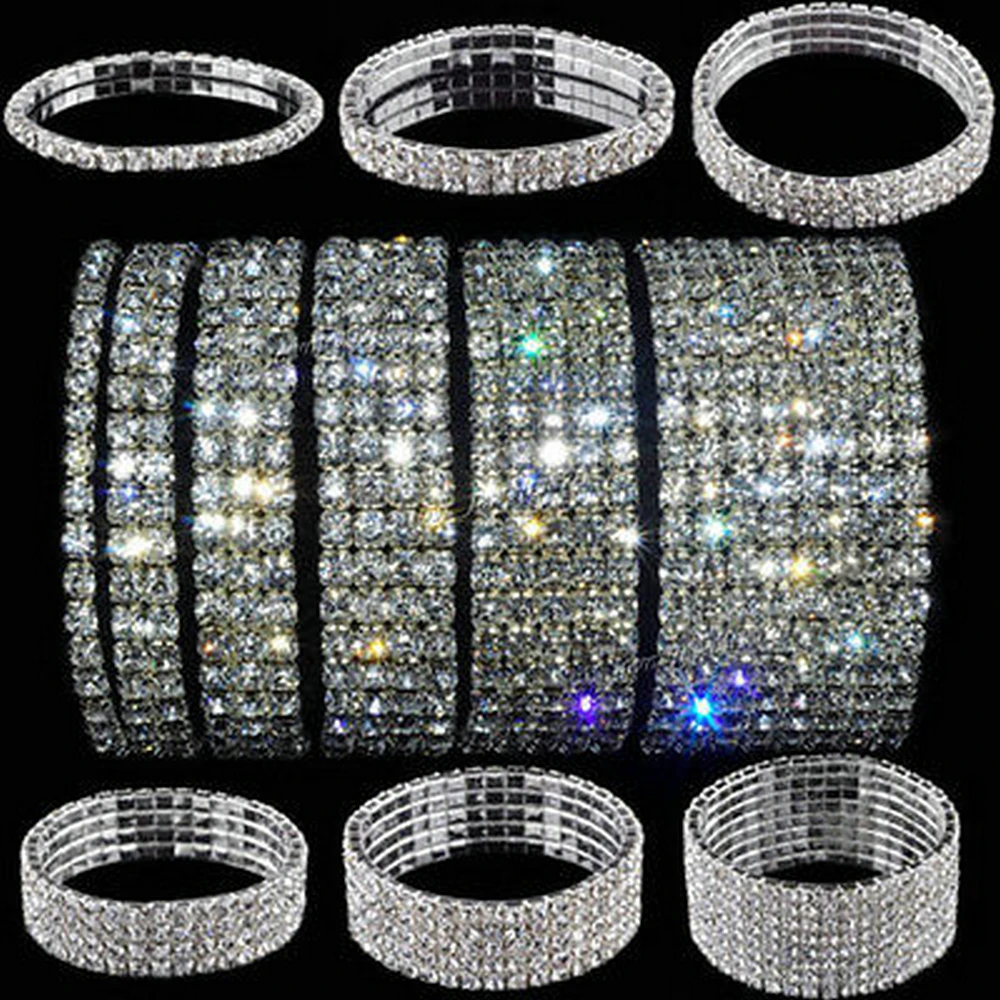 Bangle Bracelet TREAZY 1-10 Rows Rhinestones Bridal Wedding Bangles Gold/Silver Color Crystal Stretch Bracelet Women Wristband Elastic Jewelry