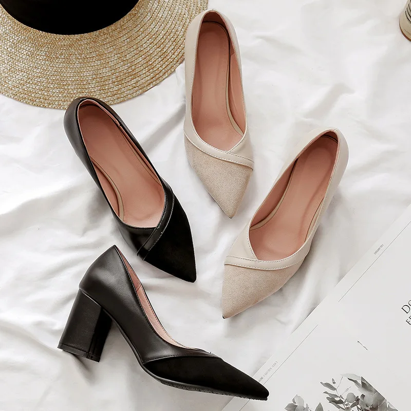 

2019 New Style Versatile Pointed Toe Chunky Heel Shallow Mouth Single Shoes Women's Commuting Elegant-Joint High Heel Shoes