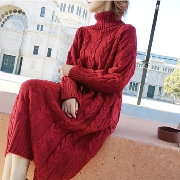 

Womens Knitted Pockets Loose Fit Thick Long Sweater Warm Turtleneck Female Sweaters A83