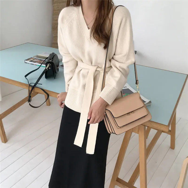 

HziriP Hot Women Sashes V-Neck Feminine All Match Retro Elegant Pullovers Sweater Gentle Simple Chic Knitted Vintage Sweater