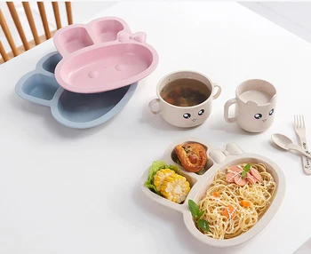 

3pcs Wheat Straw Dishes Baby Plate Feeding Dishes Food Plate Separate Dishes Children's KIds Rabbit Dishes Bowl Baby Food Set