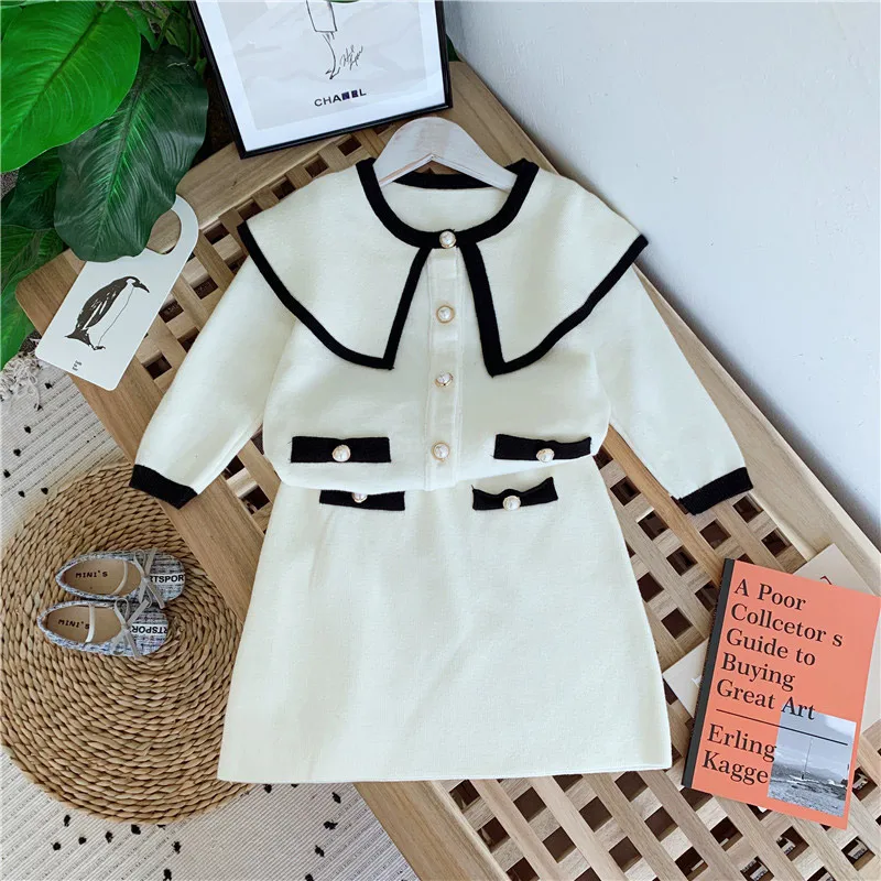 beige Весенне-осенний комплект из 2 предметов для девочек, Детский кардиган+ юбка, Детский костюм, детская брендовая одежда, большой цветочный воротник, жемчужная защелка, для детей от 4 до 12 лет - Цвет: beige