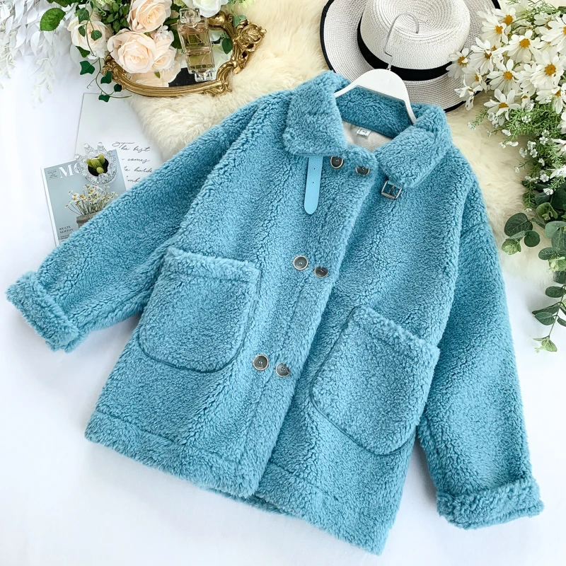 Winter Women Fashion Loose Long Sleeve Velvet Oversize Coat Female Casual Fur Grass Large Pocket Sheep Shearing Coat Outwear