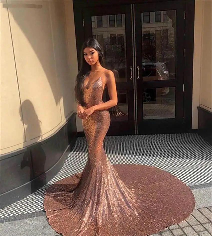 

Long Rose Gold Sequined Evening Dresses 2019 Mermaid Spaghetti Straps Backless Graduation Holiday Wear Formal Party Prom Gowns