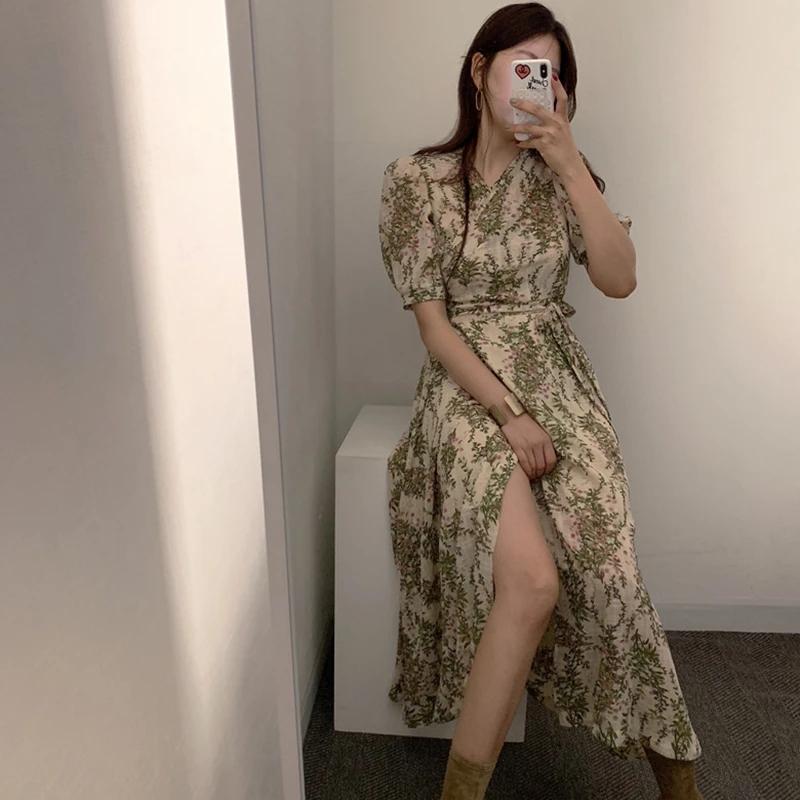 

Summer Long Maxi Dress Women Casual Boho Floral Print Chiffon Beach Dress Sexy V-Neck Bodycon Wrap High Slit Party Dress