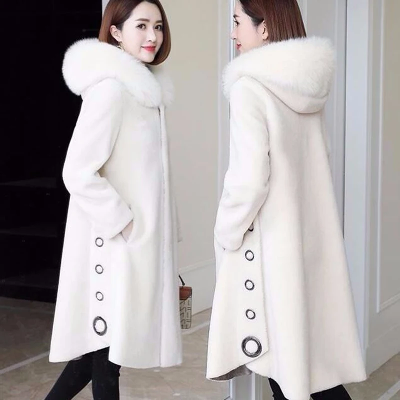 Granular Sheep Shearing Coat Women's Mid-Length 2023 Winter New Fox Fur Hooded All-In-One Faux Fur Clothing Jacket L33