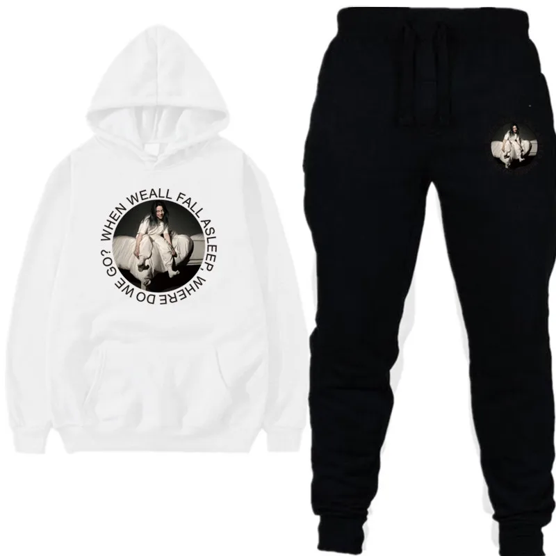 7 white black Новая мода Billie Eilish, мужские толстовки с длинным рукавом+ штаны, мужской спортивный костюм, костюм для улицы, Мужской Женский комплект, повседневная спортивная одежда, костюм - Color: 7 white black