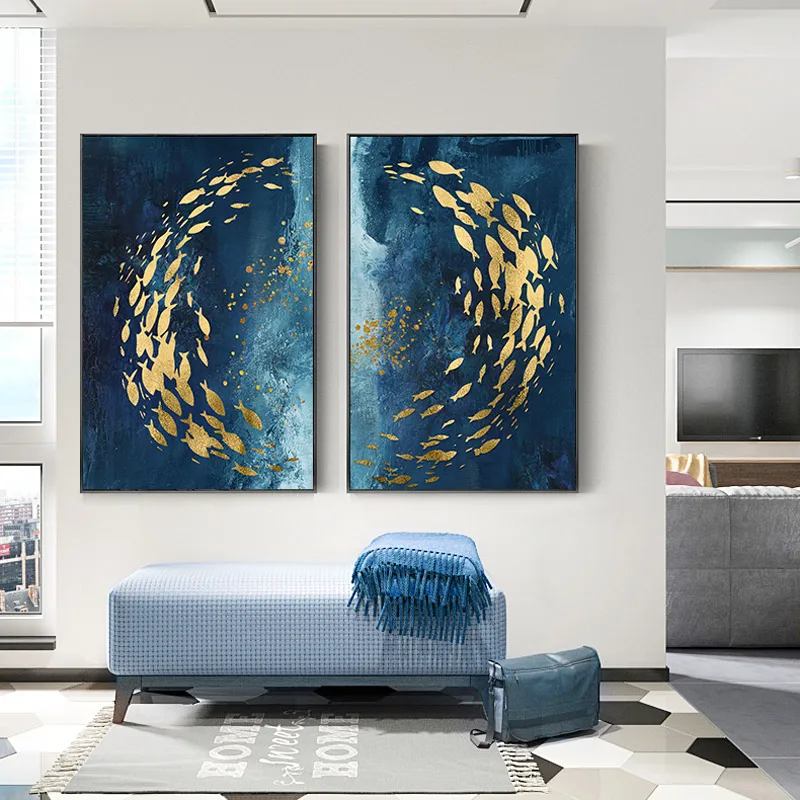 

Symmetrical Deep Sea Golden Fish Abstract Wall Art Canvas Painting Posters And Prints Wall Pictures for Living Room Decoration
